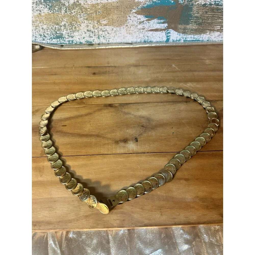 VTG Gold Tone Metal Coin Disc Female Profile Belt Womens 32 Inch